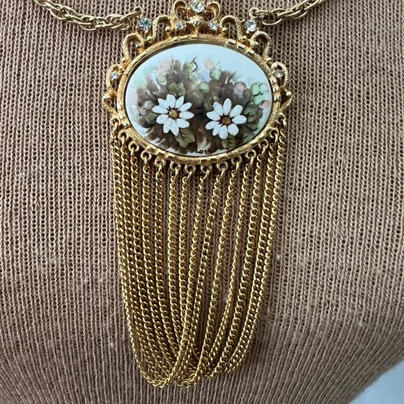 MCM gold tone multi tier chain tassel necklace painted cabochon Victorian revivl - Picture 8 of 8